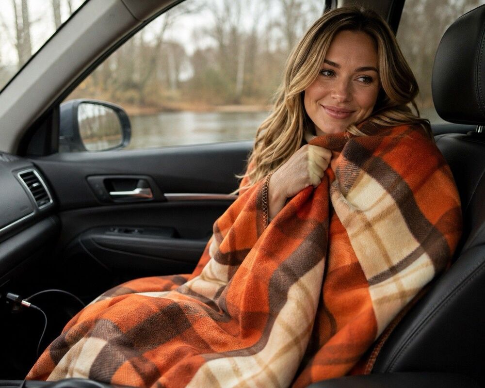 Stalwart 12V Heated Travel Blanket Car Truck Plaid Fall Autumn Colors Case NWOT